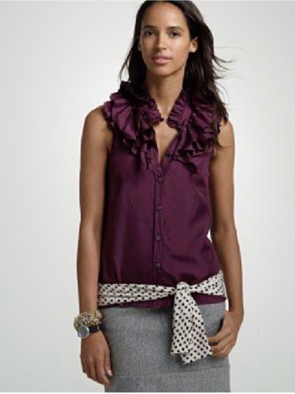 J. Crew Kelsey Plum Sleeveless Ruffle-Trim Button Front Blouse-Sz 0